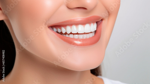 a close-up photograph of a smiling woman with perfect white teeth, showing the health of his teeth . Generative AI