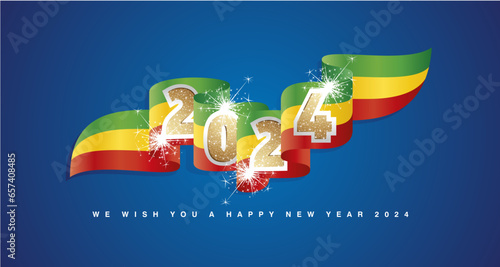 New Year 2024 concept design template with golden glitter 2024 front on Senegal wavy flag ribbon. Sparkle firework 2024 premium gold light green yellow red Ethiopia wavy flag ribbon vector on blue