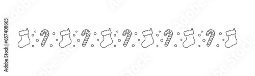 Christmas themed decorative border and text divider, Christmas Stocking and Candy Cane Pattern Outline Doodle. Vector Illustration.