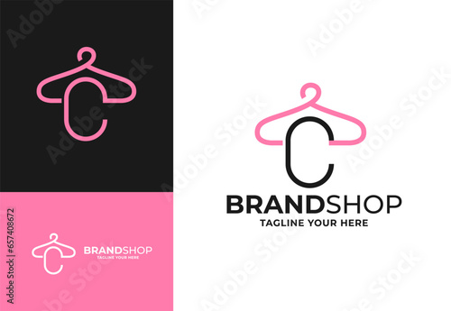 Clothes hanger for C initial logo vector, Minimalist boutique logo design illustration. Initial capital letter C elegant hanger icon