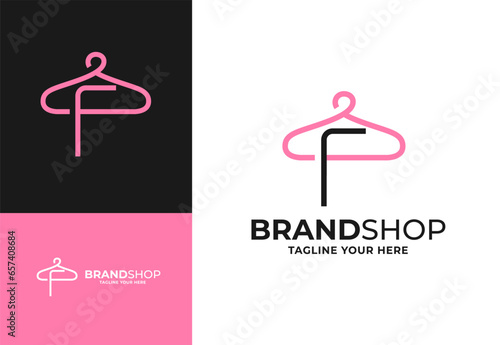 Clothes hanger for F initial logo vector, Minimalist boutique logo design illustration. Initial capital letter F elegant hanger icon