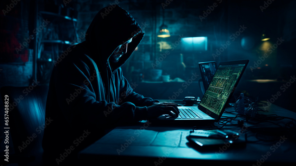 Individuals engaged in cybercrime activities sit in a dimly lit room, concentrating on laptops, Generative AI  - obrazy, fototapety, plakaty 