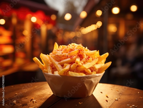 French fries in a bowl on a wooden table in a street cafe