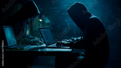 Individuals engaged in cybercrime activities sit in a dimly lit room, concentrating on laptops, Generative AI 