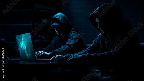 Individuals engaged in cybercrime activities sit in a dimly lit room, concentrating on laptops, Generative AI 