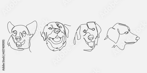 set bundle of continuous line drawing of several dog heads. editable stroke. vector illustration