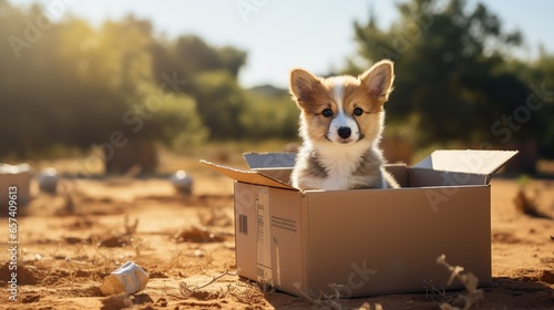 Abandoned lost puppy sits in a cardboard box on the street and waits for its owners photo