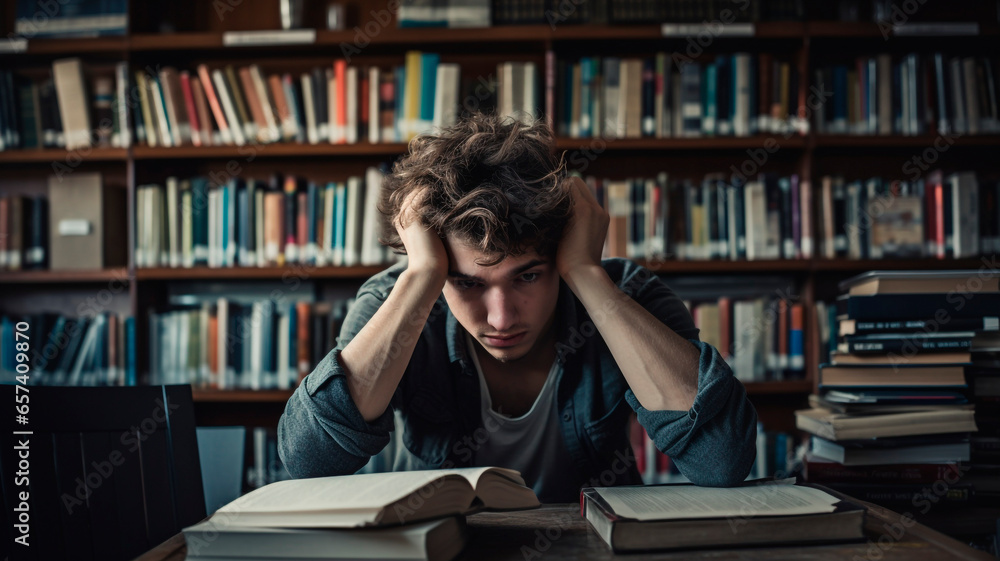 © YM Creative Studio - Tired student guy sitting in the library with his hands around his head. illustration of fatigue from the heavy load of studying. Generative AI © YM Creative Studio - Tired student guy sitting in the library with his hands around his head. illustration of fatigue from the heavy load of studying. Generative AI