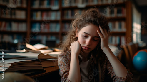Tired student girl, sitting in the library, with her hands around her head. illustration of fatigue from the heavy load of studying. Generative AI