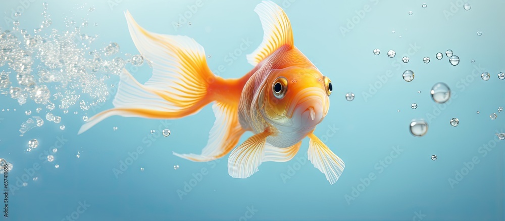 Shimmering goldfish leaping from dark water isolated pastel background Copy space - obrazy, fototapety, plakaty 
