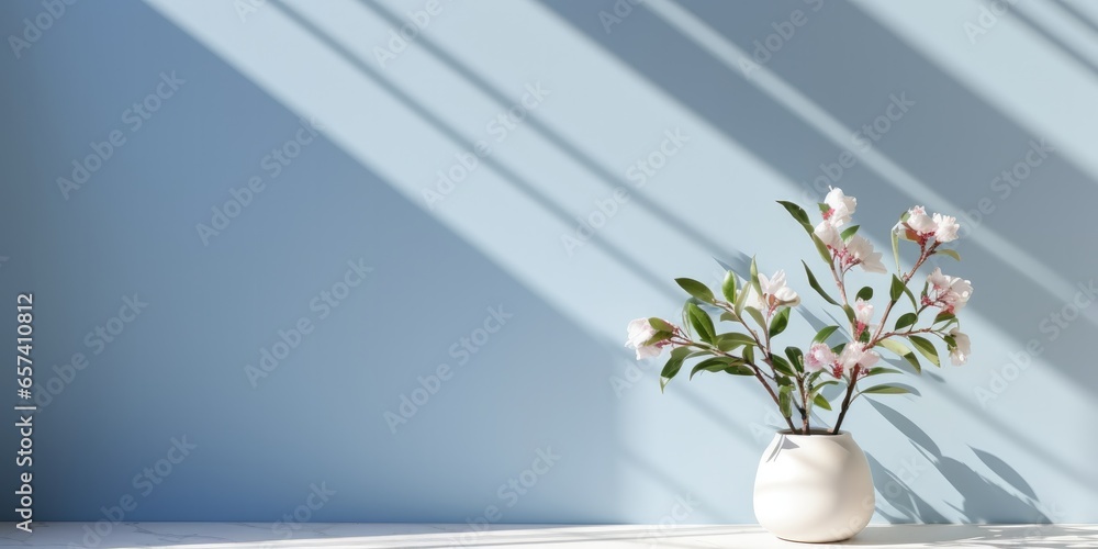 minimalistic light background with blurred foliage shadow on a light blue wall, generative AI minimalistic light background with blurred foliage shadow on a light blue wall, generative AI