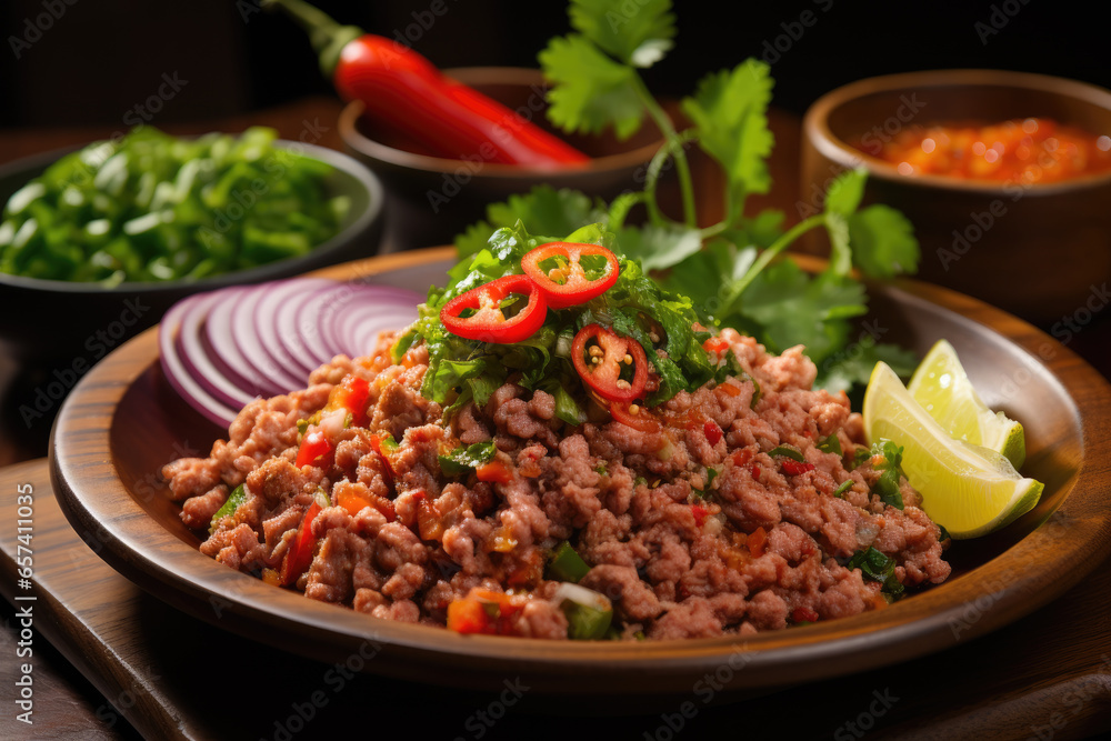 a beautifully presented dish of larb, a zesty minced meat salad with fresh herbs, lime juice a beautifully presented dish of larb, a zesty minced meat salad with fresh herbs, lime juice