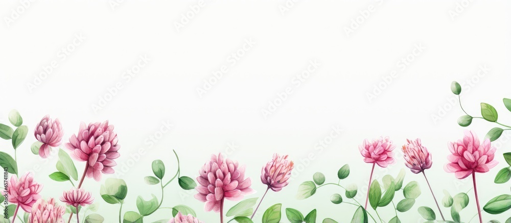 Fototapeta premium Red clover leaves illustration on a isolated pastel background Copy space
