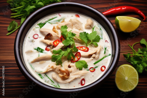 A delightful bowl of tom kha gai, a creamy and aromatic chicken coconut soup