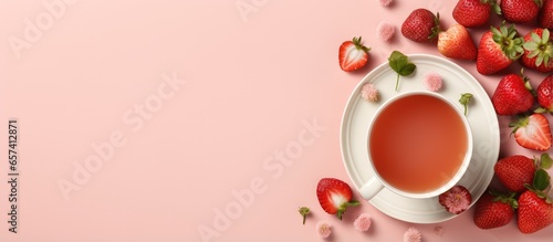 Strawberry tea captured in isolated pastel background Copy space creates a delightful taste