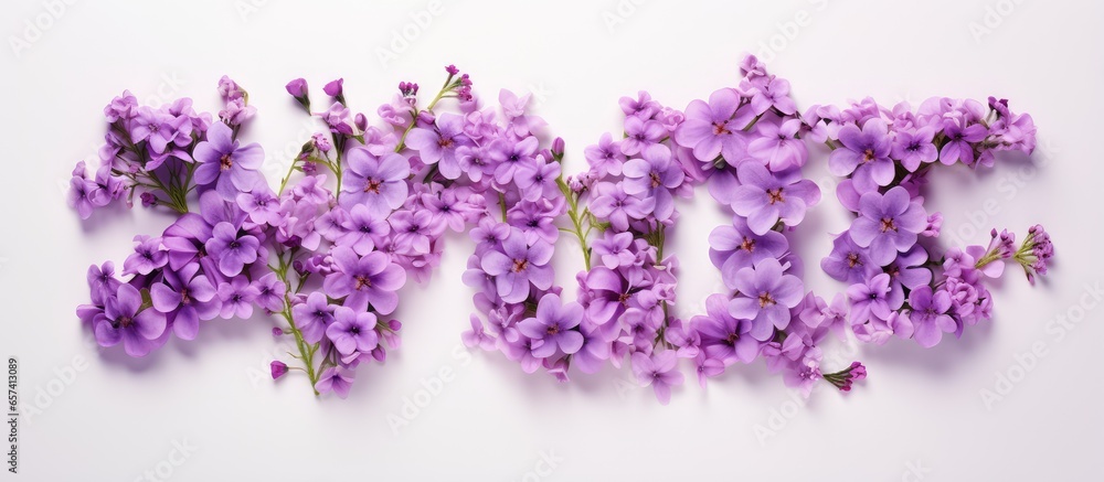 Purple flowers against isolated pastel background Copy space with English alphabet with clipping path Purple flowers against isolated pastel background Copy space with English alphabet with clipping path