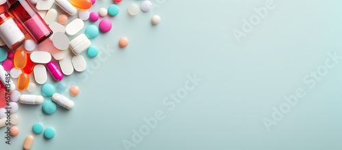 Table scattered with medicines isolated pastel background Copy space