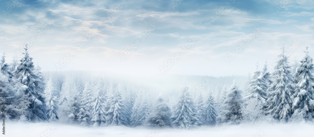 Snow covered pine trees in a winter forest with a Christmas and New Years vibe creating a panoramic banner with a blank white space isolated pastel background Copy space