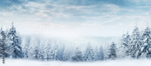 Snow covered pine trees in a winter forest with a Christmas and New Years vibe creating a panoramic banner with a blank white space isolated pastel background Copy space © HN Works