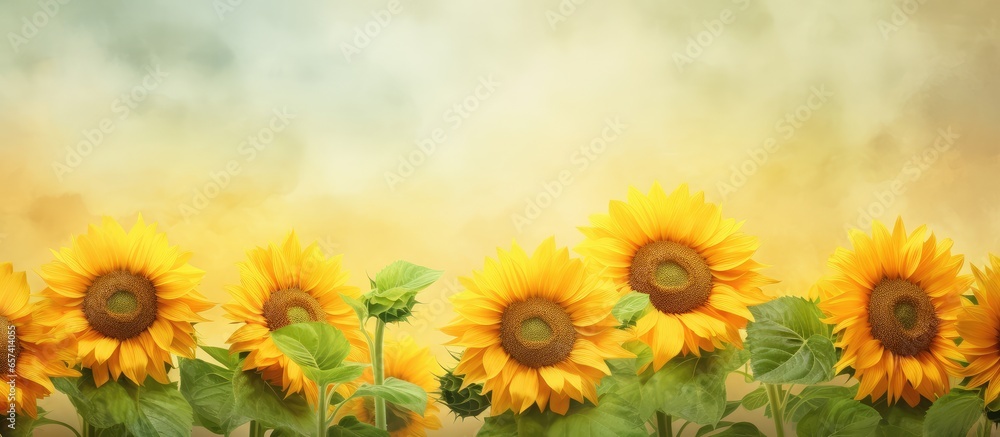 Sunflowers are blossoming in the garden isolated pastel background Copy space