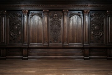 Premium style an empty room with wooden boiserie on the wall, featuring walnut wood panels. wooden wall of an old styled room
