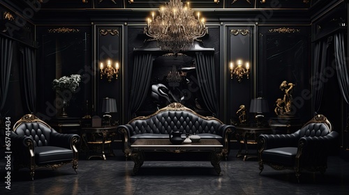Elegant living area with a gold chandelier and black shades.