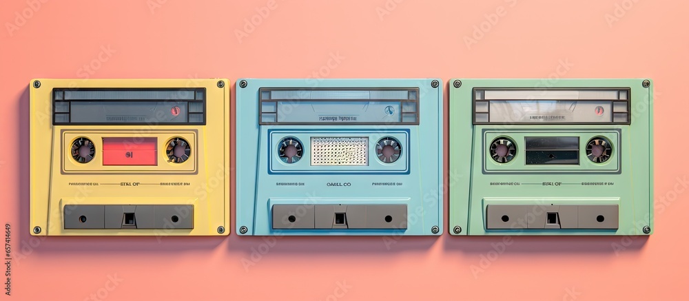 Obraz premium Top view of three retro video cassettes on a isolated pastel background Copy space showcasing 80s technology