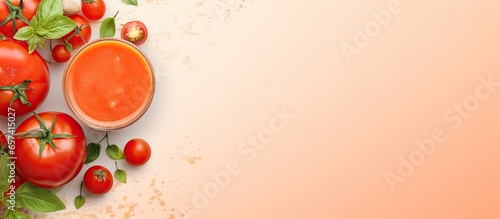 Tomato based vegetable smoothie isolated pastel background Copy space
