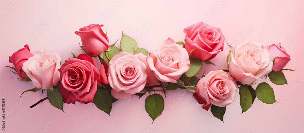 Pink and red roses grouped together against a isolated pastel background Copy space