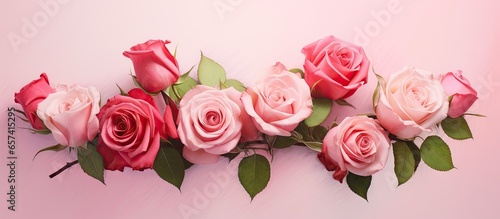 Pink and red roses grouped together against a isolated pastel background Copy space