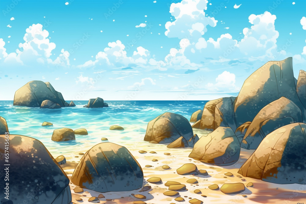 anime style background, view of coral rocks on the beach