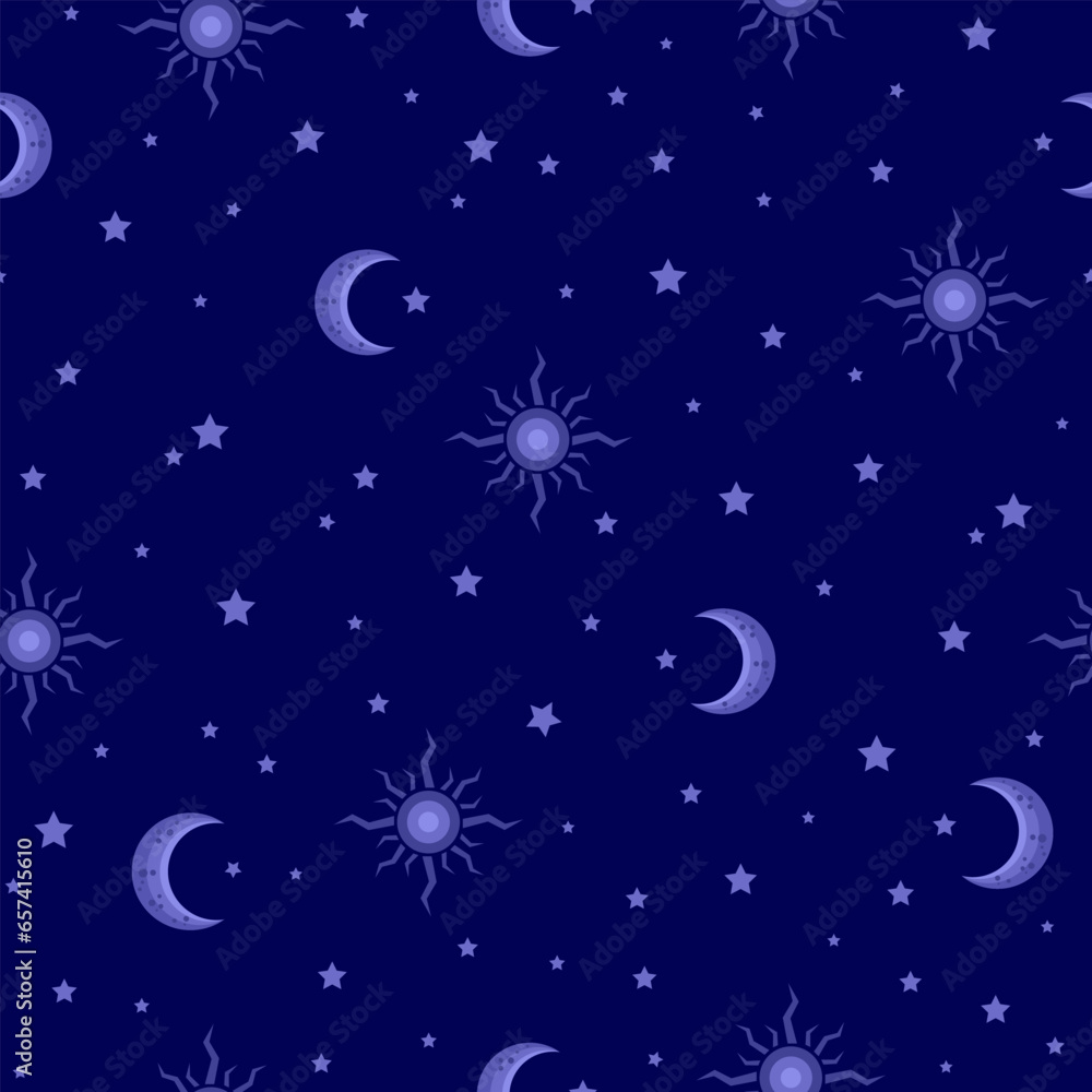 Naklejka premium blue moon, crescent, stars, sun pattern. night sky seamless pattern. magic wizard print. good for fabric, pajama, bedding, sleep wear, costume, wallpaper, textile, fashion design.