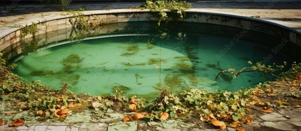 The pool is dirty and poorly maintained with leaves
