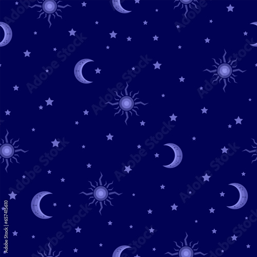 blue moon, crescent, stars, sun pattern. night sky seamless pattern. magic wizard print. good for fabric, pajama, bedding, sleep wear, costume, wallpaper, textile, fashion design.