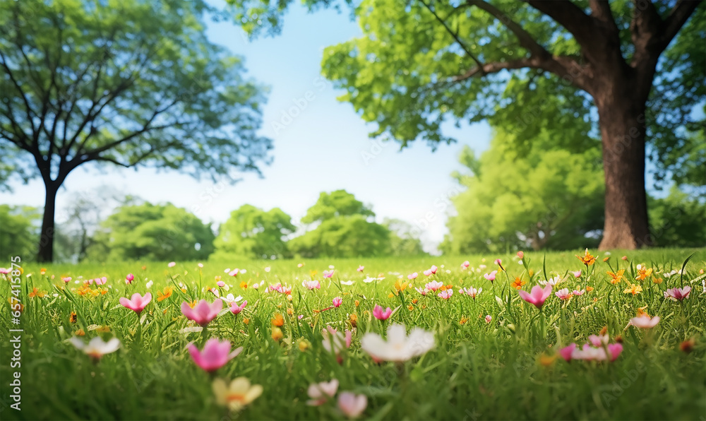 spring glade with blooming flora and trees set against a clear blue sky spring glade with blooming flora and trees set against a clear blue sky
