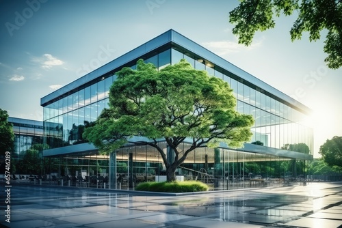 Sustainble green building. Eco-friendly building in modern city. Sustainable glass office building with tree for reducing carbon dioxide. Office with green environment. Corporate building reduce CO2.