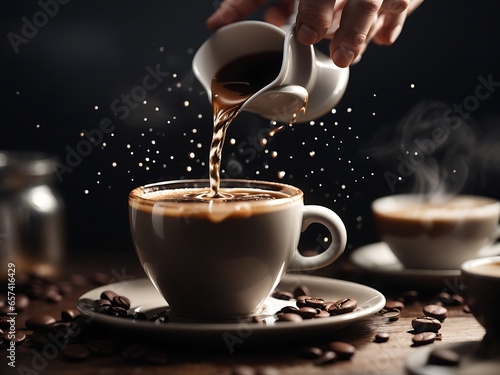 A close up of a hand pouring coffee water into a coffee cup coffee day concept