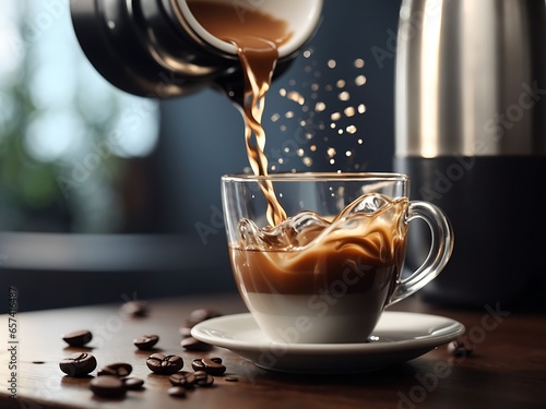 A close up of a hand pouring coffee water into a coffee cup coffee day concept photo