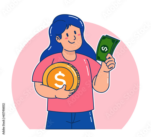 Cartoon woman holding dollar coin