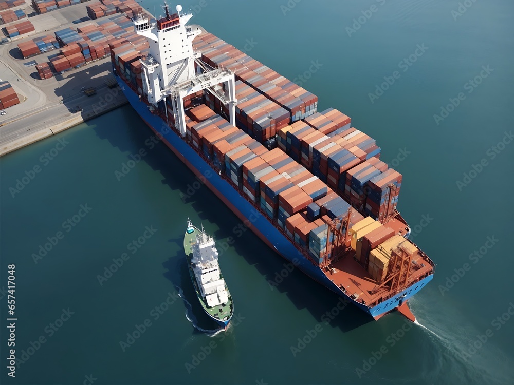 Fototapeta premium Aerial view of cargo ship and cargo container in harbor