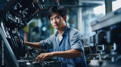 Portrait of a young technician working in an electrical panel.