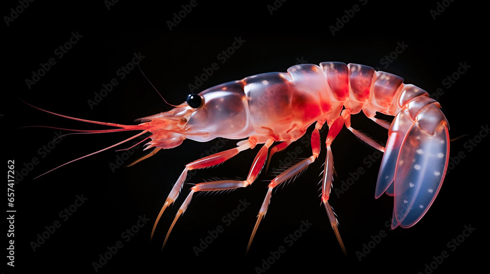 fresh transparent red orange shrimp isolated on black background, closeup, portrait - Generative AI fresh transparent red orange shrimp isolated on black background, closeup, portrait - Generative AI