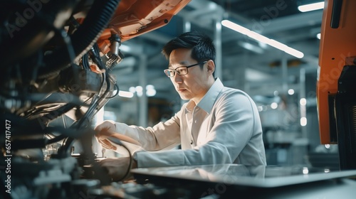 Portrait of a young technician working in an electrical panel.