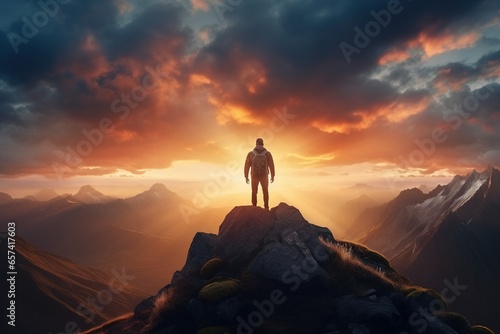 Man standing on top of the mountain and looking at the sunset © Rudsaphon