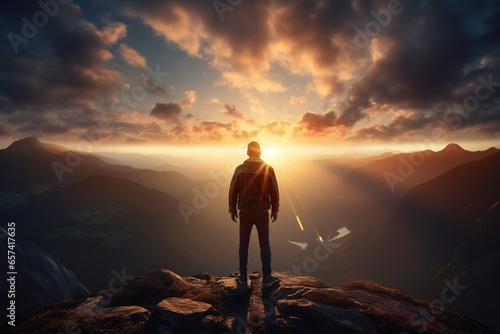 Man standing on top of the mountain and looking at the sunset © Rudsaphon