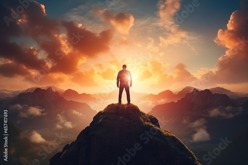 Man standing on top of the mountain and looking at the sunset