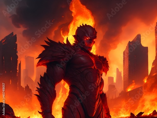 A fiery mutant, with skin as red as molten lava, stands tall amidst the charred remains of a once-great metropolis. Their eyes blaze with power as they manipulate the flames around them