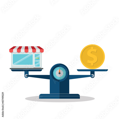 Shop and a stack of coin on the scale. Small business concept.