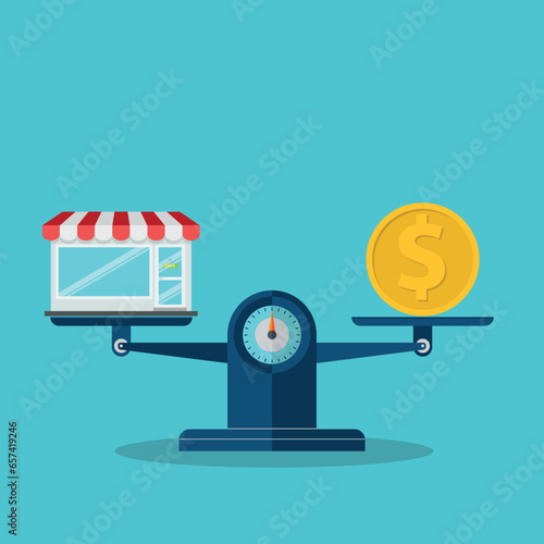 Shop and a stack of coin on the scale. Small business concept.
