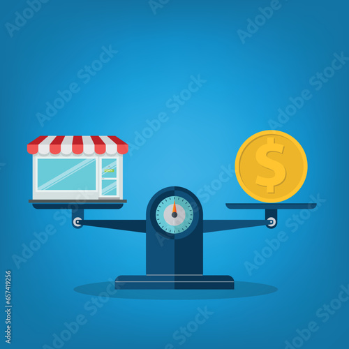 Shop and a stack of coin on the scale. Small business concept.